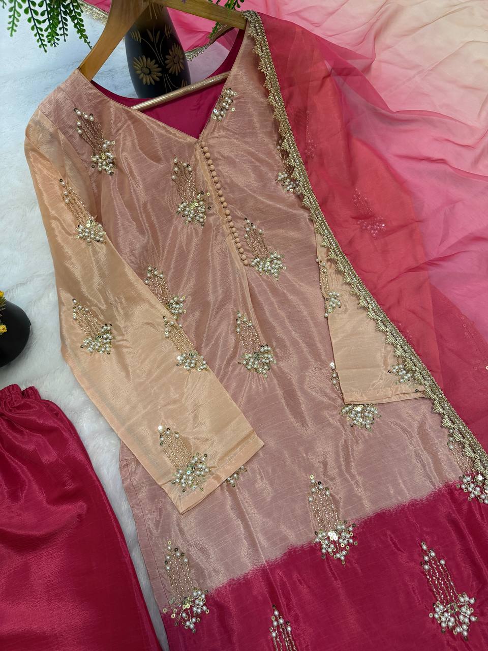 Modern Pearl-Drop Two-Tone Silk Suit